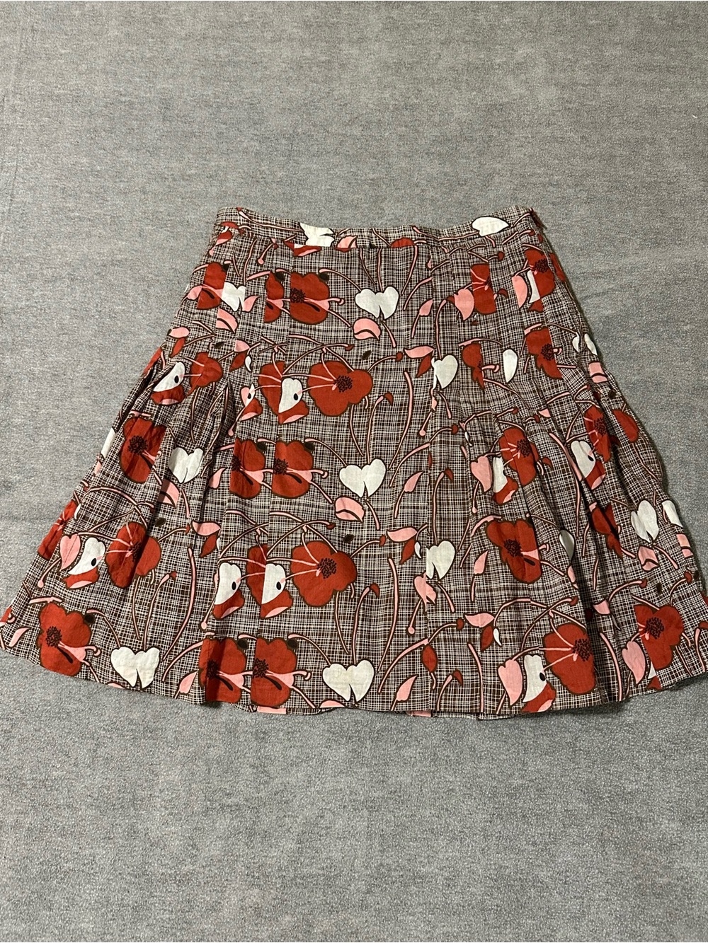 LOFT Red and Pink Floral Plaid Skater Skirt
